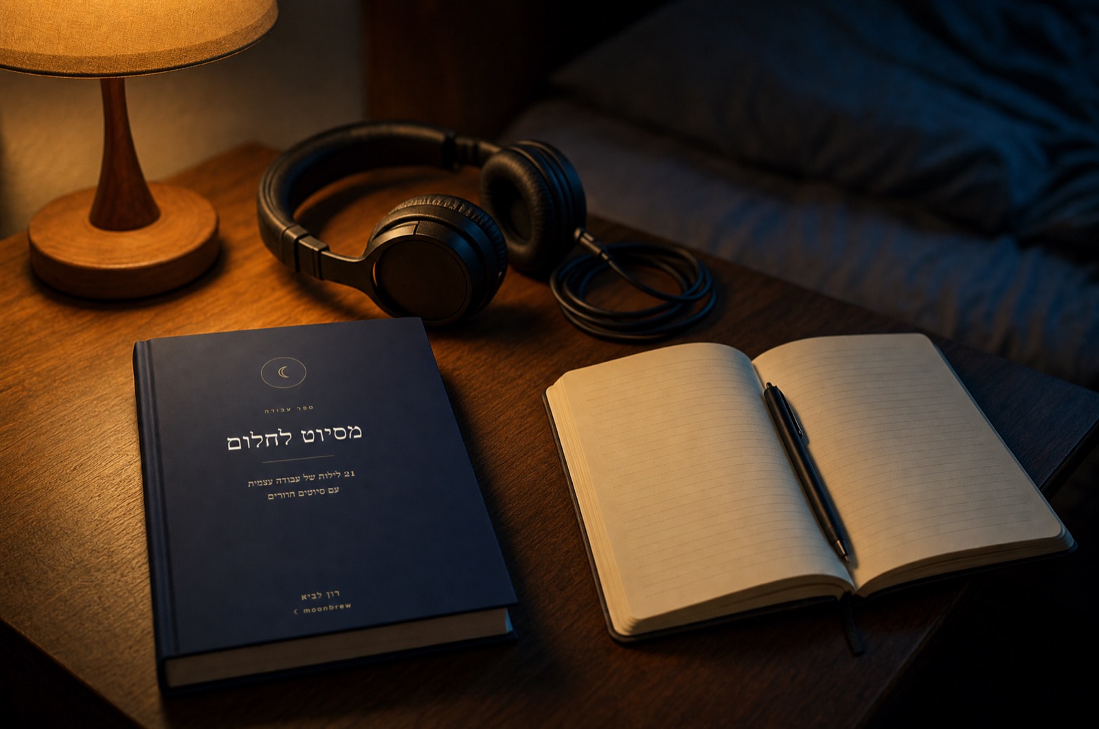 ספר התרגול, היומן והאוזניות על שידה ליד המיטה